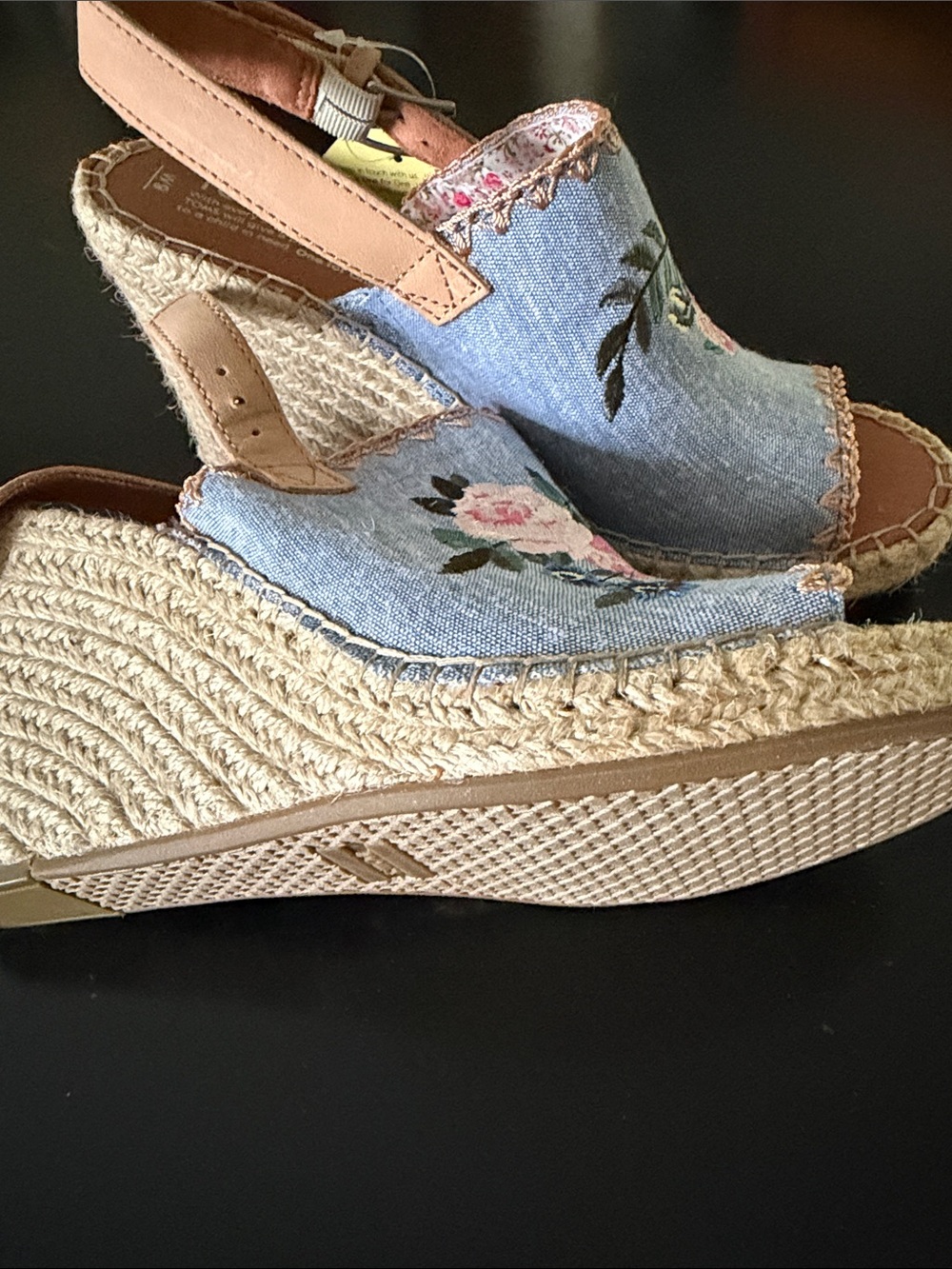 Toms Denim Embroidered Floral Espadrille Wedge Sandals - Blue, Pink - Picture 2 of 2